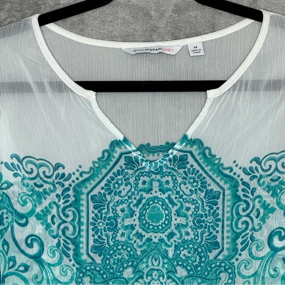 Isaac Mizrahi Medium Shirt Top Blue White Paisley Half Sleeve V Neck Sheer Women - Picture 3 of 6